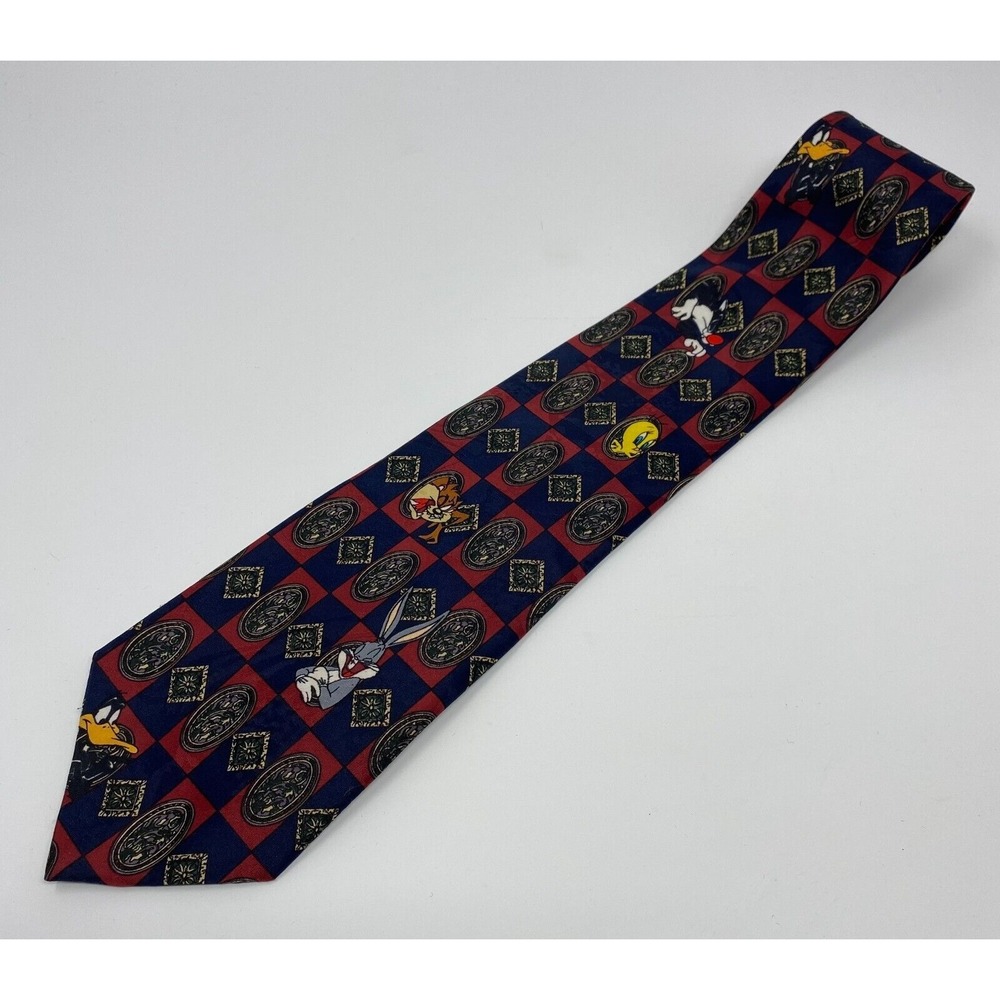 Vintage 1995 Looney Tunes‎ Mania Tie Men's Red Blue Necktie Tweety Bird Taz Bugs